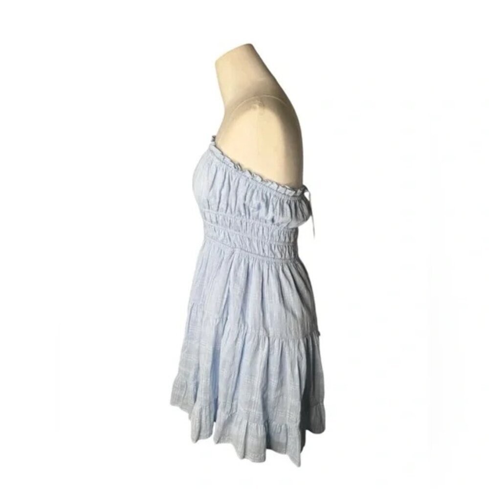 Thirty/Thirty LA Light Blue Strapless Smocked Mini Dress M – Ruffle Summer Boho - Picture 6 of 7